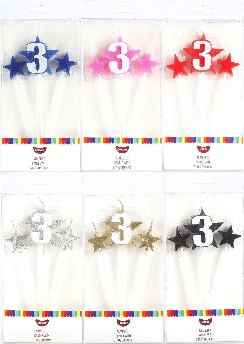 Number Star Pick candle set with Numeral 3 Silver