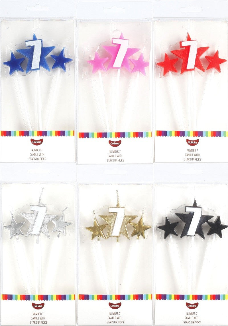 Number Star Pick candle set with Numeral 7 Blue