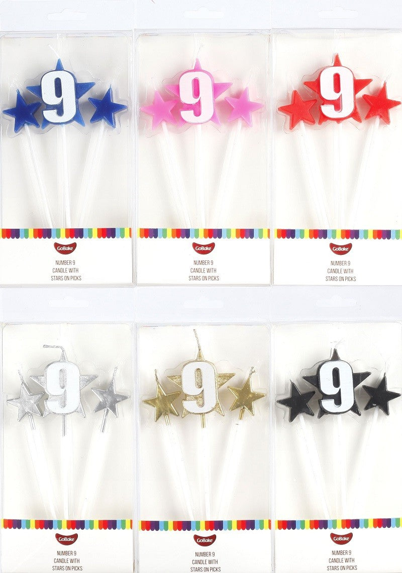 Number Star Pick candle set with Numeral 9 Blue