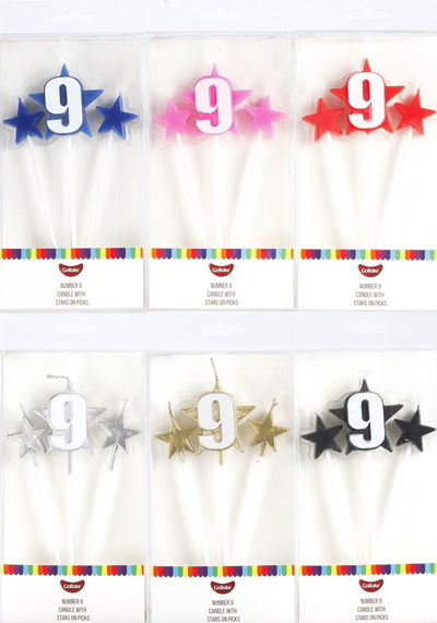 Number Star Pick candle set with Numeral 9 Silver