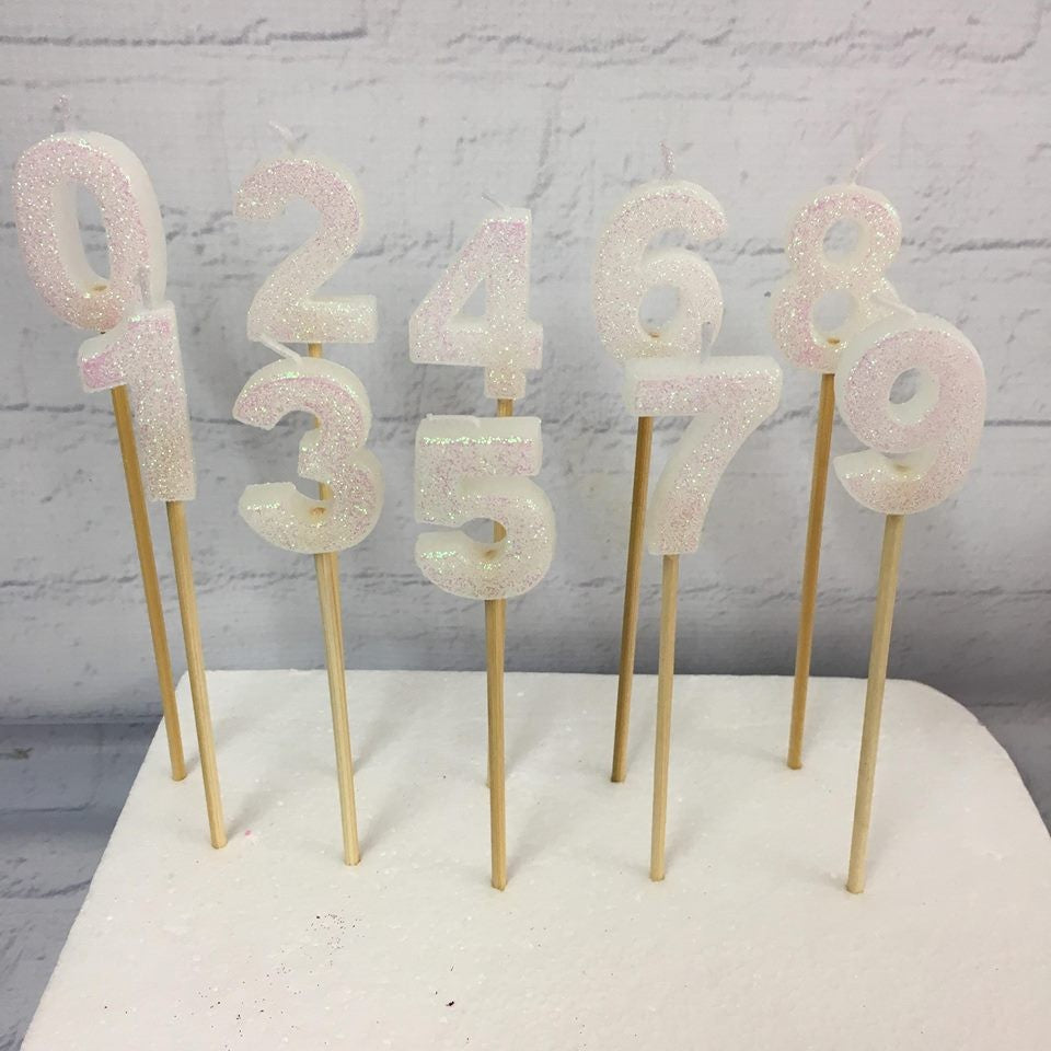 Long wooden pick candle Number 0 Pearl White irridescent Glitter