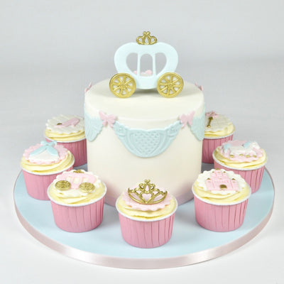 FMM Fairytale motifs cutter set and icing examples on a cake and cupcakes