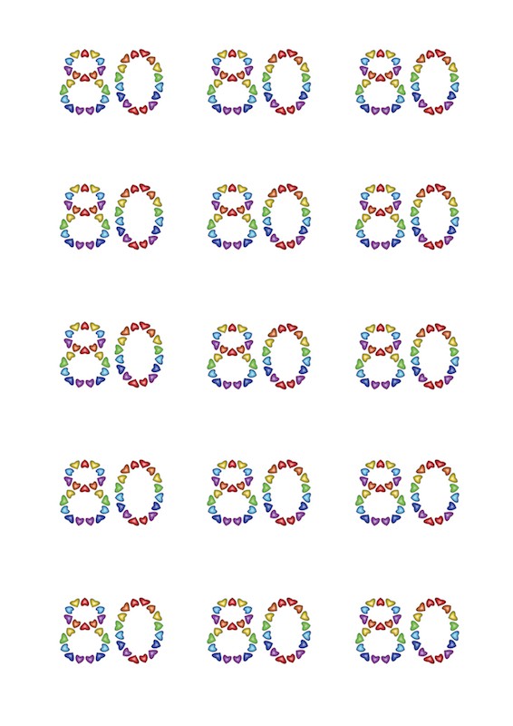 Design Sheet edible images 80th Birthday No 80 Rainbow Hearts