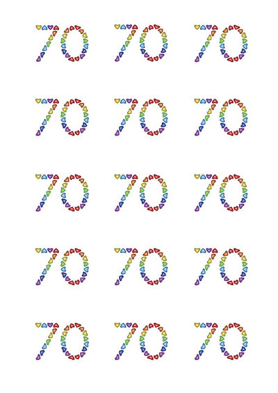 Design Sheet edible images 70th Birthday No 70 Rainbow Hearts