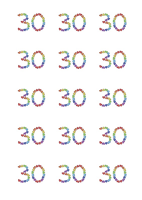 Design Sheet edible images 30th Birthday No 30 Rainbow Hearts