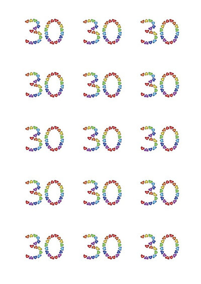 Design Sheet edible images 30th Birthday No 30 Rainbow Hearts