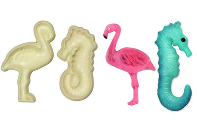 Flamingo and seahorse plastic it pop it mould cutters by Jem. Alongside icing examples from the moulds