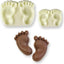 Two cutter moulds with the shape of baby feet, one larger and one smaller, with examples of the shape used in chocolate coloured fondant