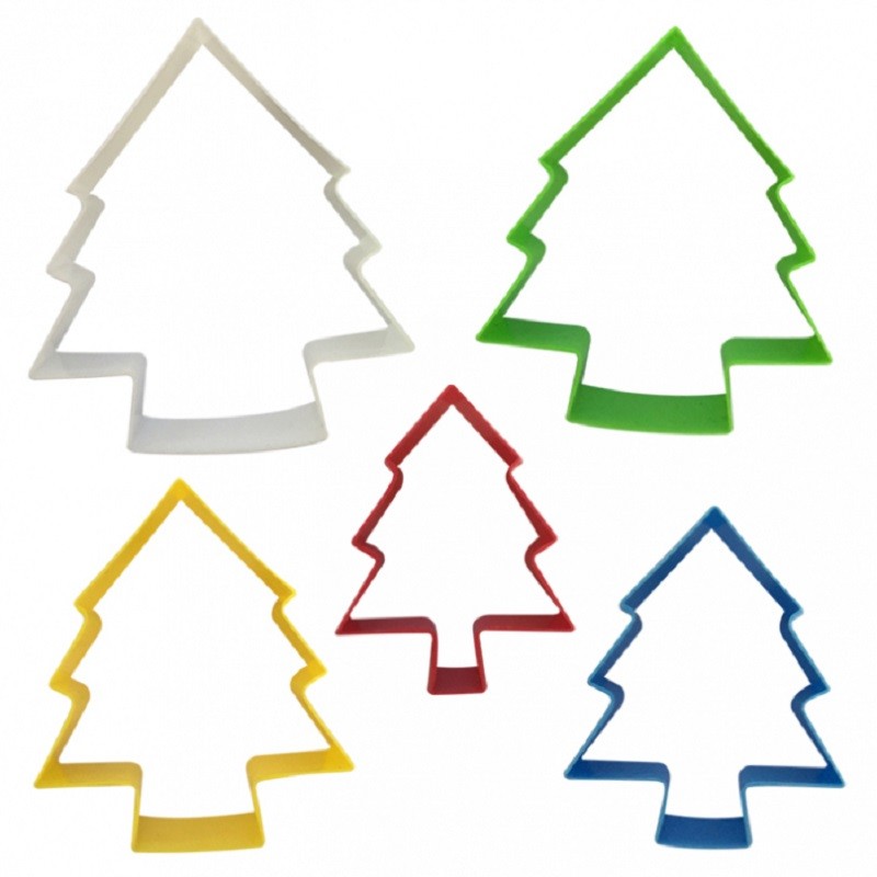 A set of five nesting Christmas tree shaped cookie cutters in different colors.