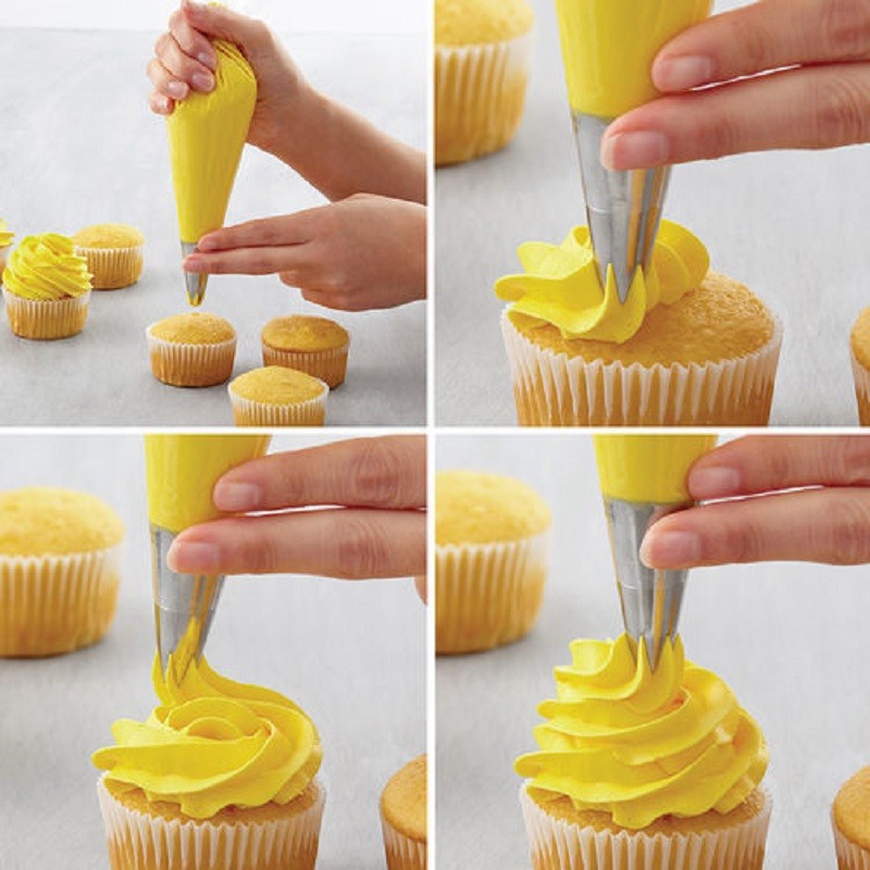 step by step instructional photo showing how to pipe a cupcake swirl using tip 1M