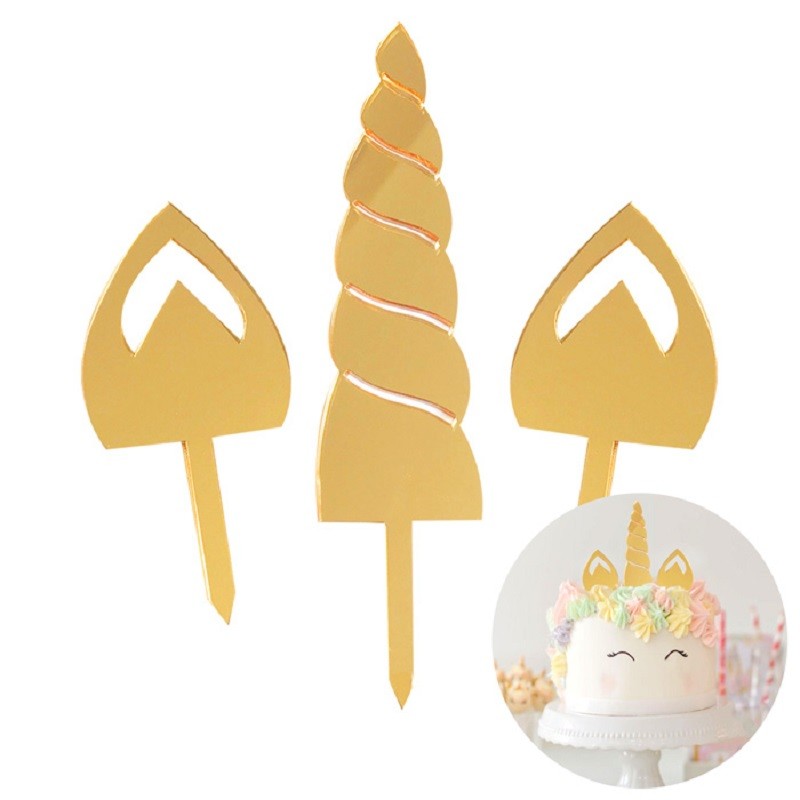 Unicorn Gold Mirror horn and ears cake topper set