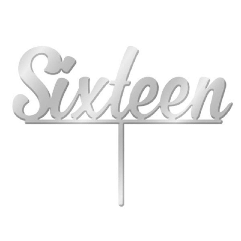 Number Sixteen 16 Silver Mirror Acrylic cake topper pick