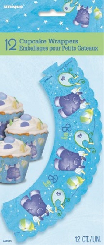 Baby shower cupcake wrappers Baby clothesline Blue