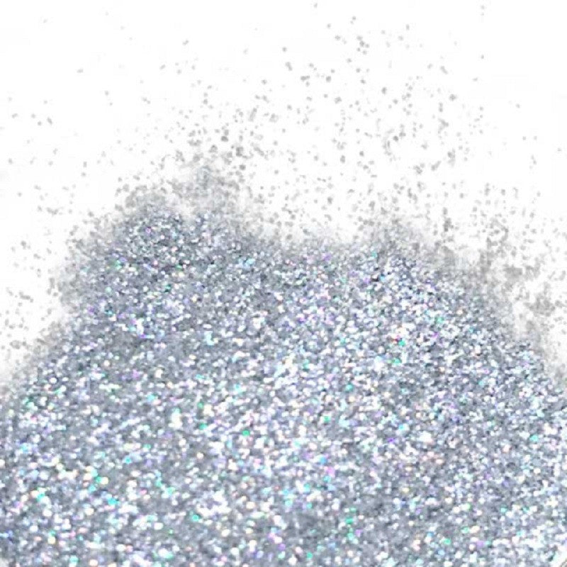 A close-up image of silver hologram flitter glitter, showing the sparkling texture of the non-toxic glitter.