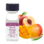 A bottle of Lorann Oils Peach Mango natural flavoring, with peach and mango fruits displayed around it.