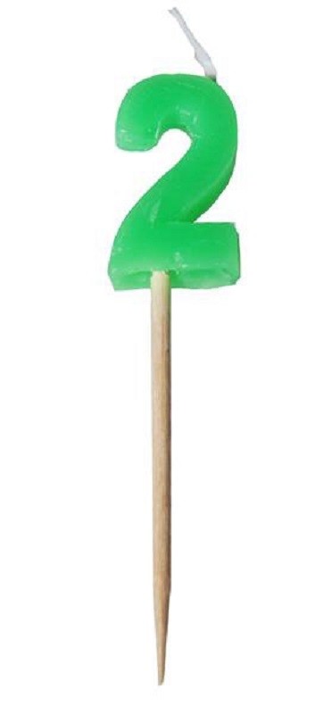Alphabet or numeral candle on wooden pick NUMBER 2 Green