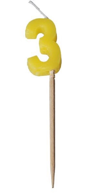 Alphabet or numeral candle on wooden pick NUMBER 3 Yellow