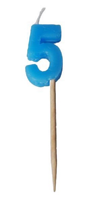 Alphabet or numeral candle on wooden pick NUMBER 5 Blue