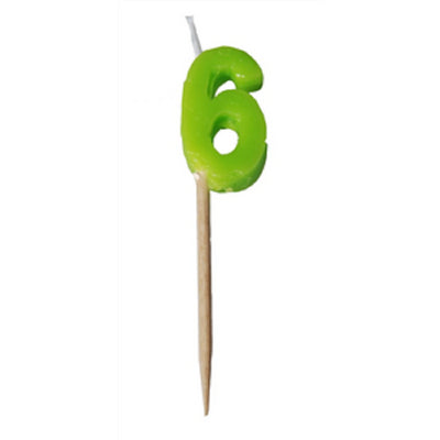 Alphabet or numeral candle on wooden pick NUMBER 6 Green