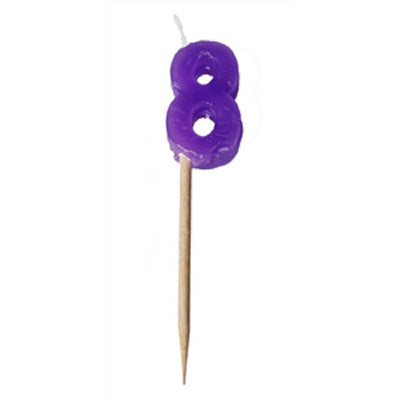 Alphabet or numeral candle on wooden pick NUMBER 8 Purple