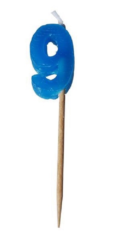 Alphabet or numeral candle on wooden pick NUMBER 9 Blue