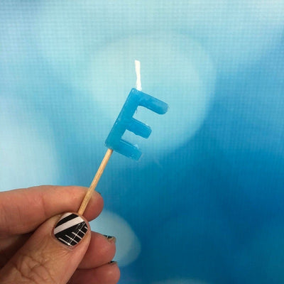 Alphabet or numeral candle on wooden pick Letter E Blue