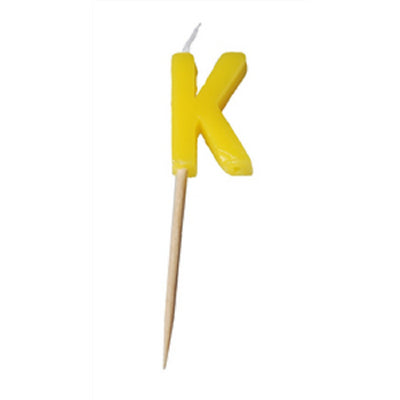 Alphabet or numeral candle on wooden pick Letter K Yellow
