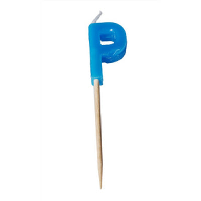 Alphabet or numeral candle on wooden pick Letter P Blue