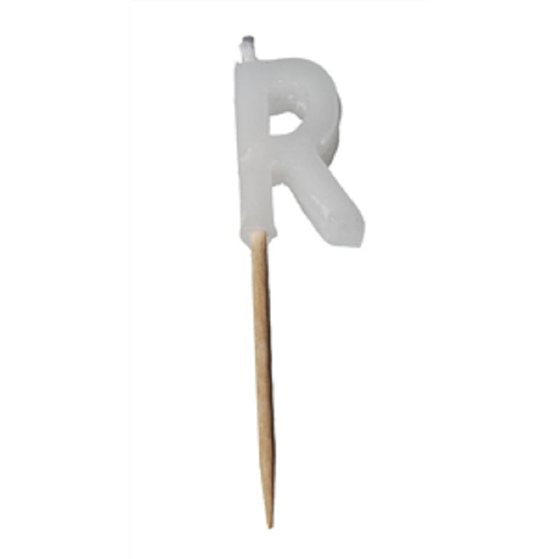Alphabet or numeral candle on wooden pick Letter R White