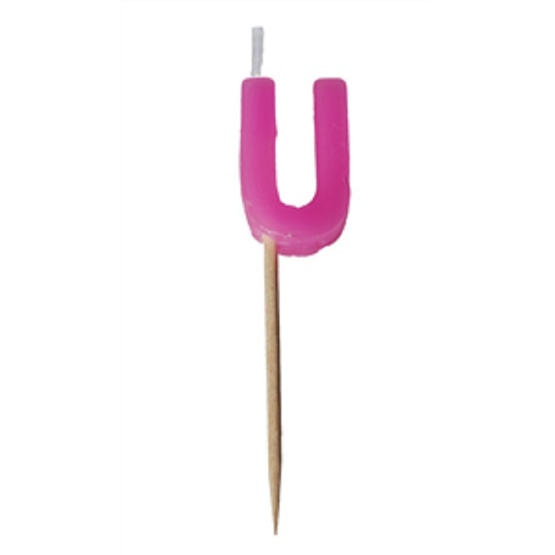 Alphabet or numeral candle on wooden pick Letter U Pink
