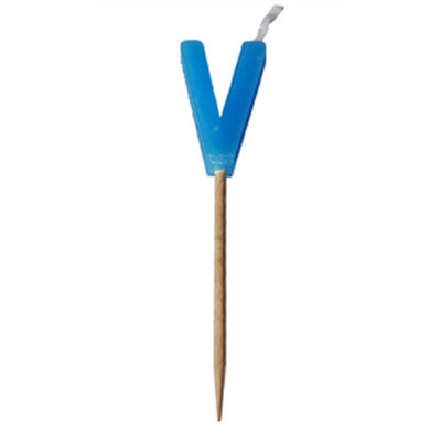 Alphabet or numeral candle on wooden pick Letter V Blue