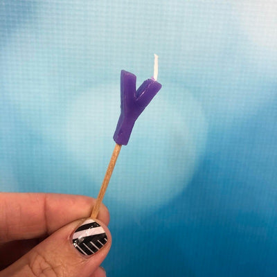 Alphabet or numeral candle on wooden pick Letter Y Purple