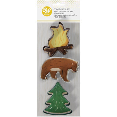 Set of 3 adventurer cookie cutters camp fire flames bear and pine tree