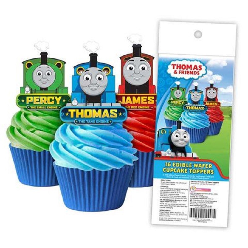 Packaging of 16 Thomas the Tank Engine themed wafer paper cupcake toppers with characters Percy, James, and Thomas displayed on the front.