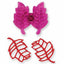 Two plastic icing cutters in the shape of lacey leaves, one in pink and one in red, against a white background.