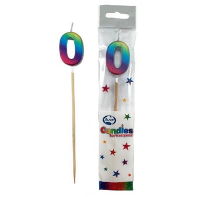 Long wooden pick candle Number 0 Metallic Rainbow