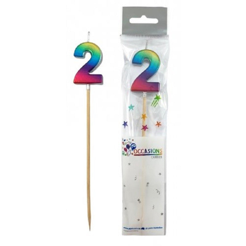 Long wooden pick candle Number 2 Metallic Rainbow