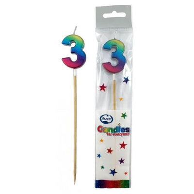 Long wooden pick candle Number 3 Metallic Rainbow