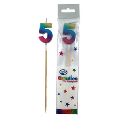 Long wooden pick candle Number 5 Metallic Rainbow
