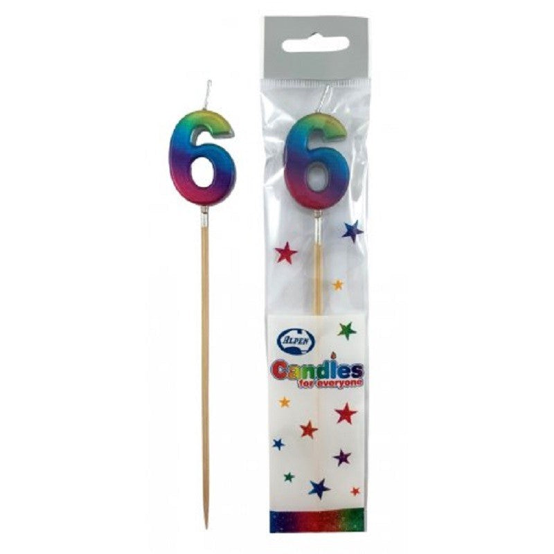 Long wooden pick candle Number 6 Metallic Rainbow
