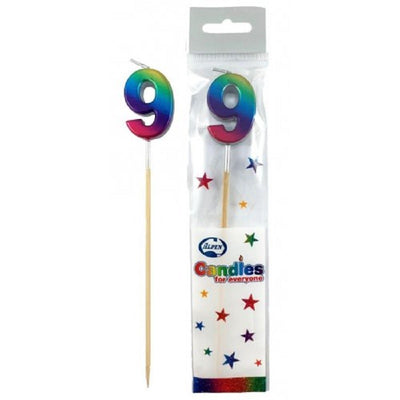 Long wooden pick candle Number 9 Metallic Rainbow