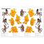 Set of eight yellow icing cutters in the shape of monkeys, with varying sizes listed on the packaging. Shown alongside an icing example