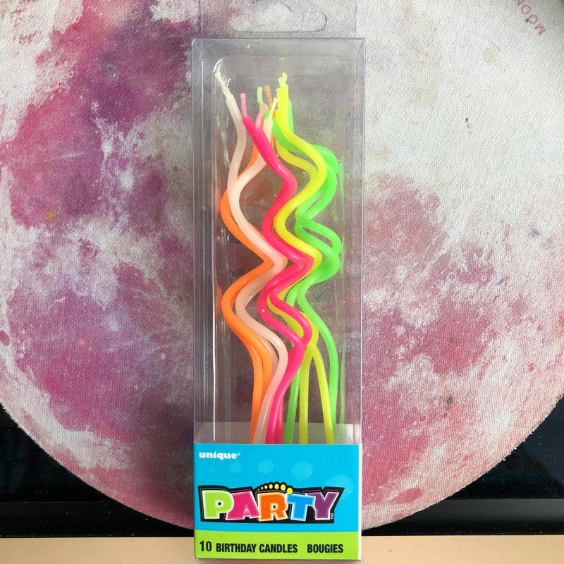 Thin long neon and white spiral candles 10 pack