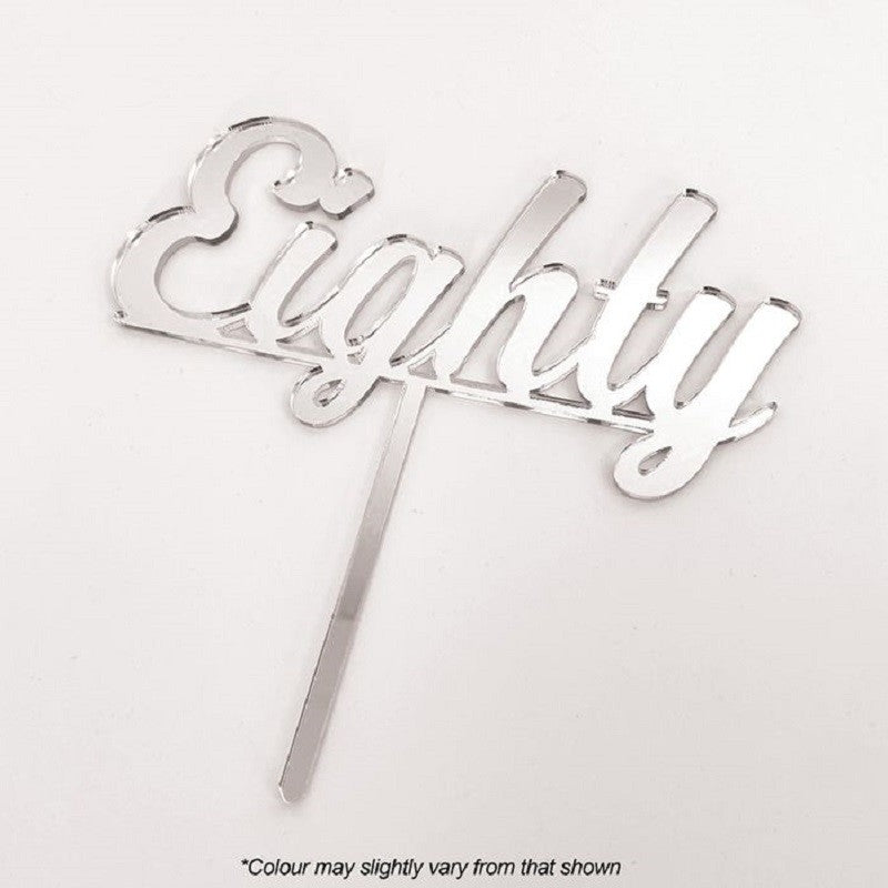 Number Eighty 80 Silver mirror Acrylic cake topper pick