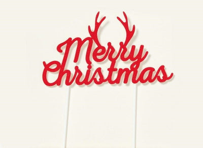 Merry Christmas with antlers red glitter cake topper
