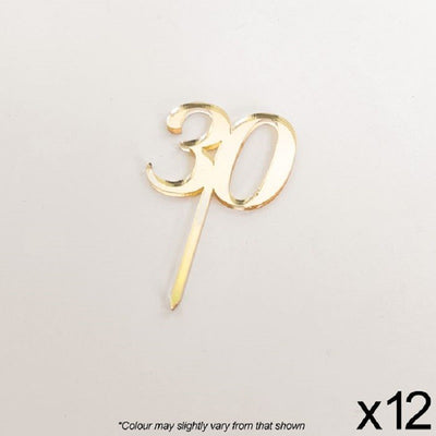 Cupcake acrylic toppers pack of 12 number 30 Gold