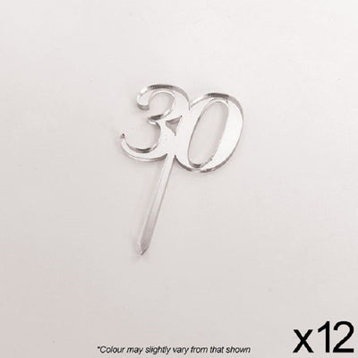 Cupcake acrylic toppers pack of 12 number 30 Silver