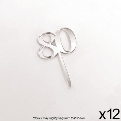 Cupcake acrylic toppers pack of 12 number 80 Silver