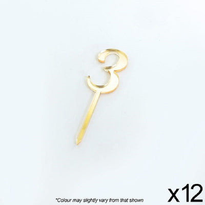 Cupcake acrylic toppers pack of 12 number 3 Gold