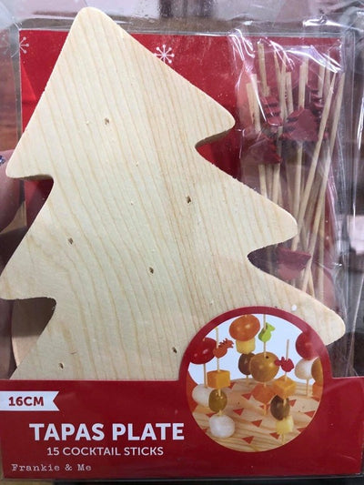 3d Wooden Christmas Tree tapas plate with RED Christmas tree topped cocktail sticks